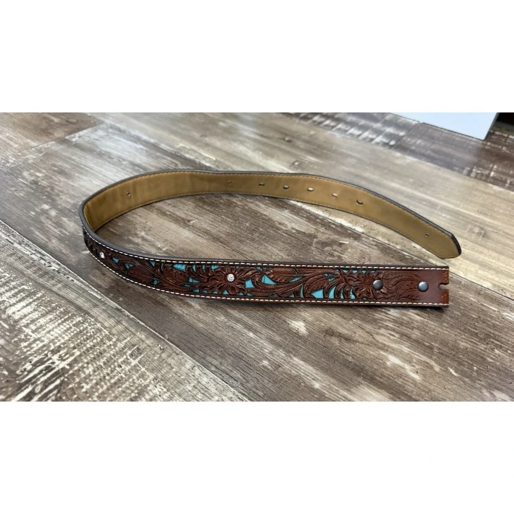 Ariat Floral Tooled Leather Belt Turquoise Inlay Rhinestone Western Women's 22